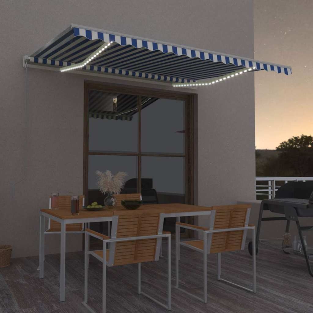 Tenda Automatica con Sensore Vento e LED 450x350 cm Blu Bianca