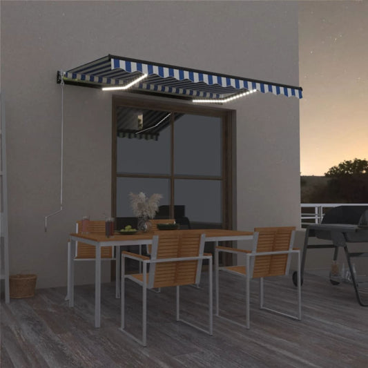 Tenda da Sole Retrattile Manuale con LED 400x300cm Blu e Bianco - homemem39