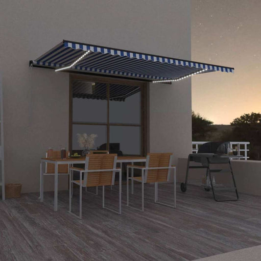 Tenda da Sole Retrattile Manuale con LED 500x300cm Blu e Bianco - homemem39
