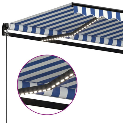 Tenda da Sole Retrattile Manuale con LED 600x300cm Blu e Bianco