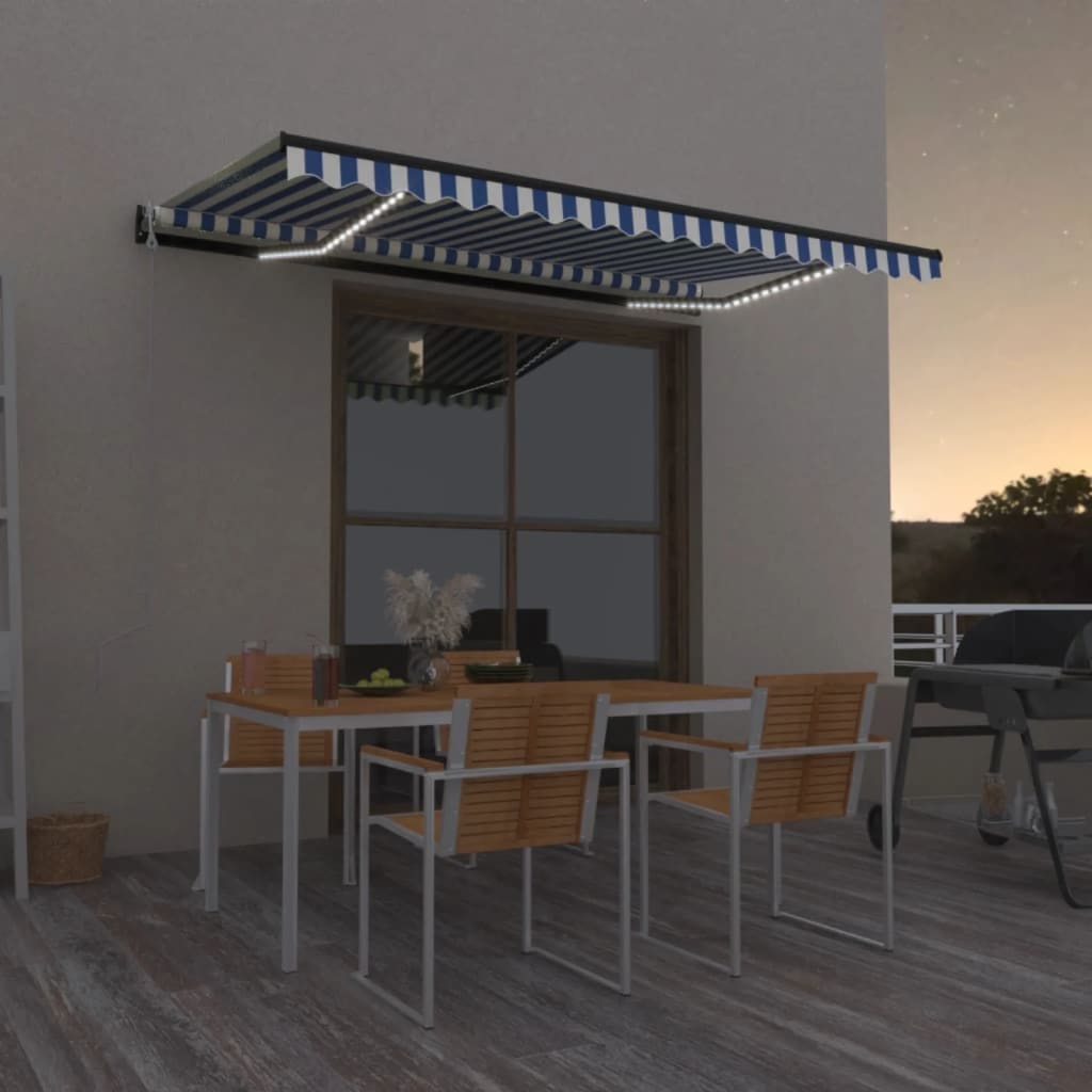 Tenda Automatica con Sensore Vento e LED 450x350 cm Blu Bianca - homemem39