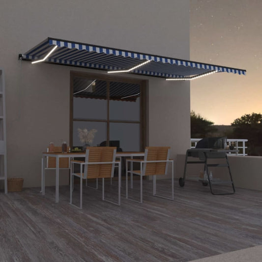 Tenda da Sole Retrattile Manuale con LED 600x350 cm Blu Bianco | homemem39