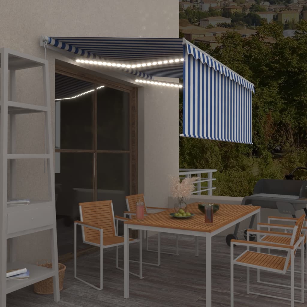 Tenda Sole Retrattile Manuale con LED 3,5x2,5 m Blu e Bianco | homemem39