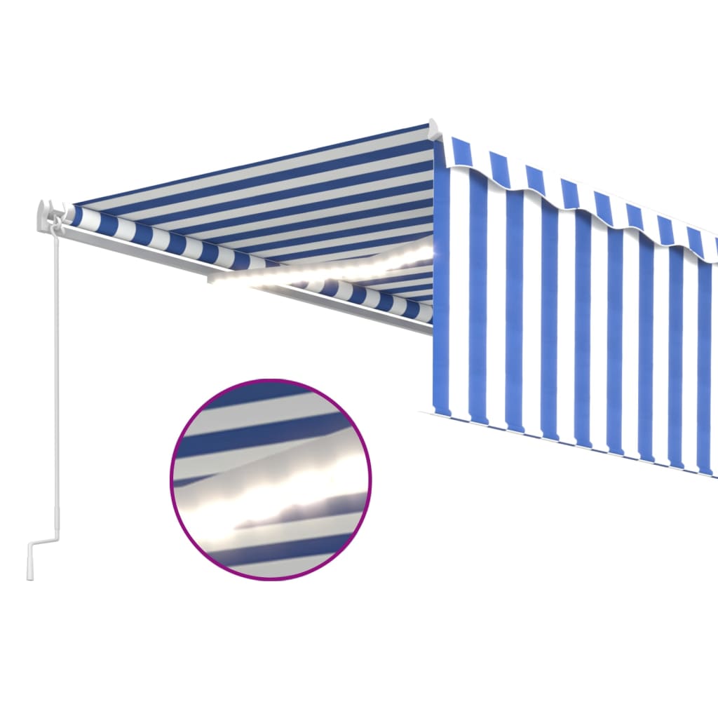 Tenda Sole Retrattile Manuale con LED 5x3m Blu e Bianco - homemem39