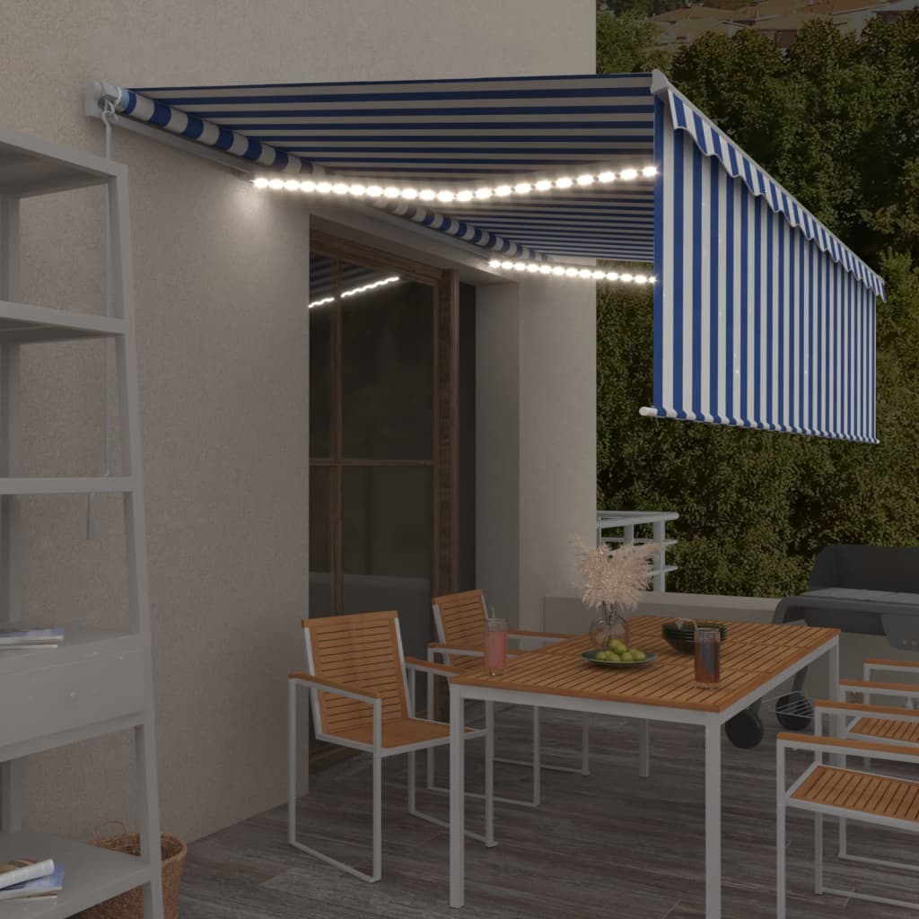 Tenda Sole Retrattile Manuale con LED 5x3m Blu e Bianco - homemem39