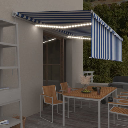 Tenda Sole Retrattile Manuale con LED 5x3m Blu e Bianco - homemem39