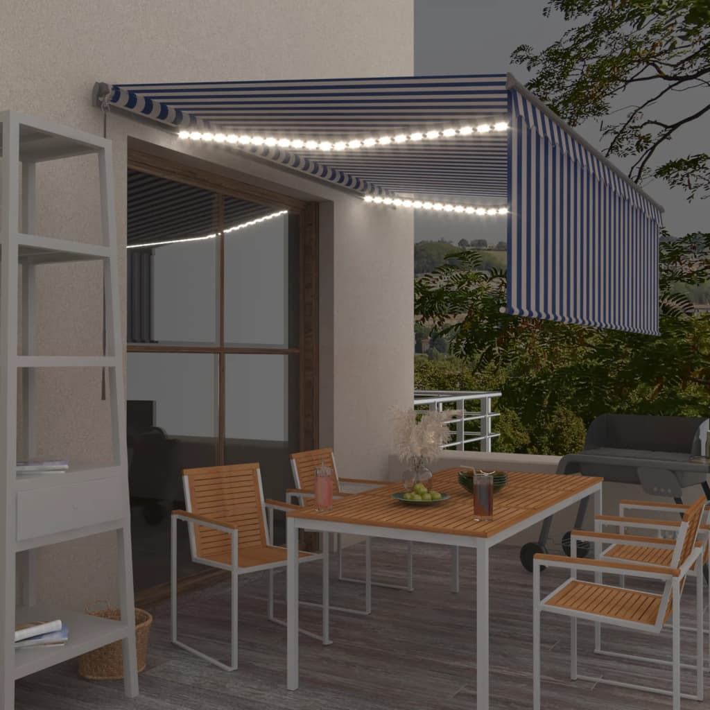 Tenda Sole Retrattile Manuale con LED 4x3m Blu e Bianco - homemem39