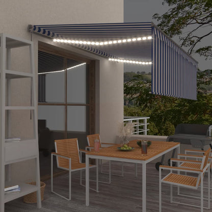 Tenda Sole Retrattile Manuale con LED 4x3m Blu e Bianco - homemem39