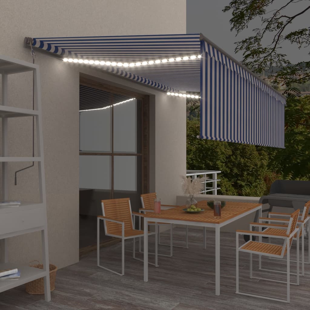 Tenda Sole Retrattile Manuale con LED 5x3m Blu e Bianco - homemem39