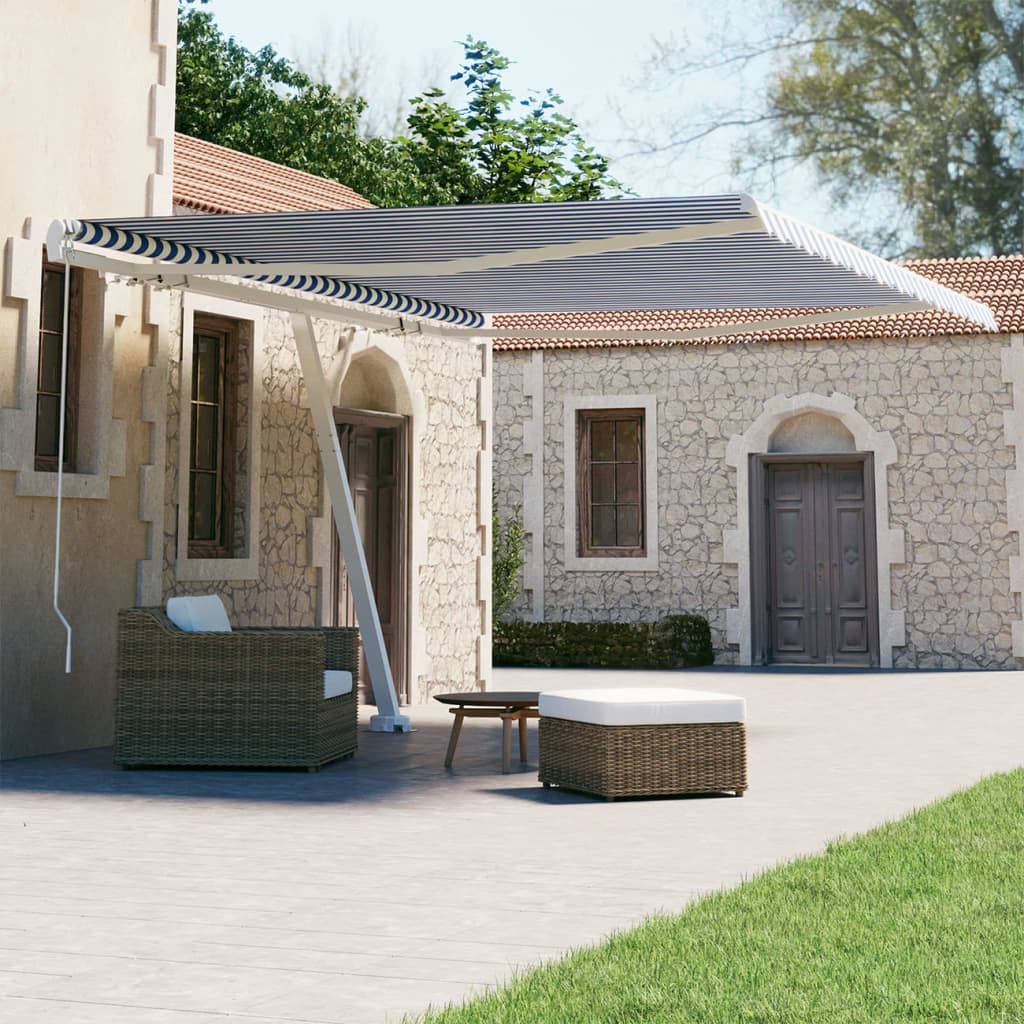 Tenda Retrattile Manuale con Palo 450x300 cm Blu/Bianca - homemem39