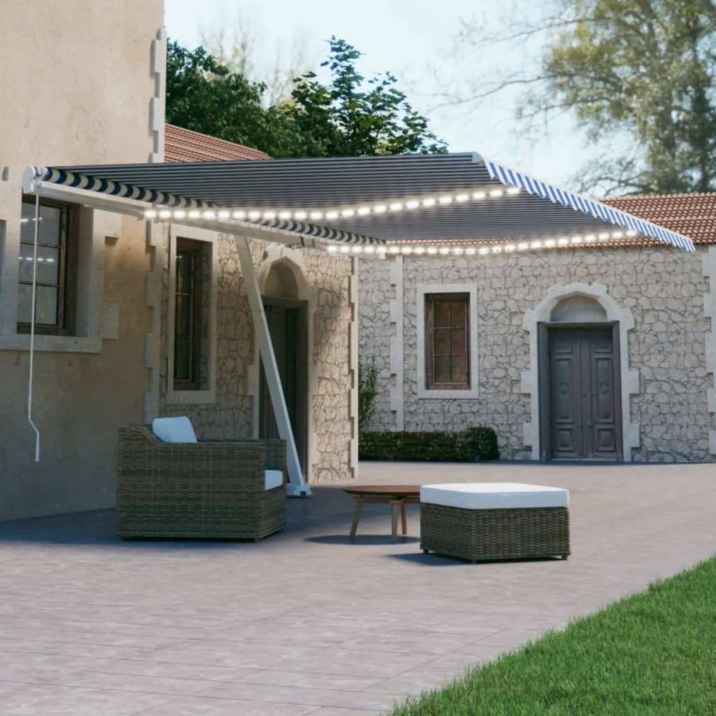 Tenda Automatica con Sensore Vento e LED 500x300 cm Blu Bianca - homemem39