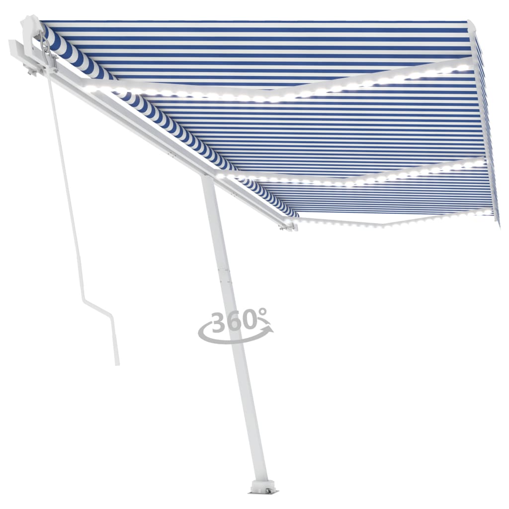 Tenda da Sole Retrattile Manuale con LED 600x300cm Blu e Bianco - homemem39