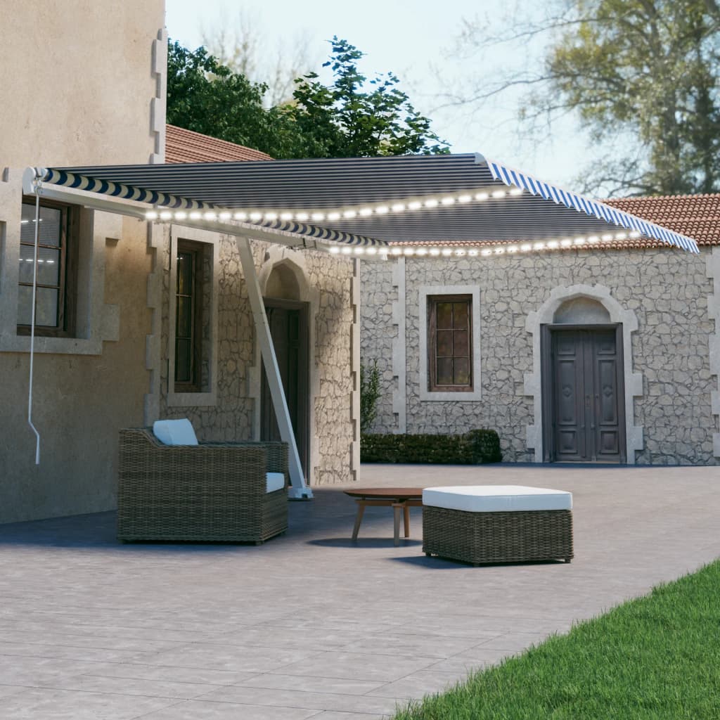 Tenda Automatica con Sensore Vento e LED 600x300 cm Blu Bianca - homemem39