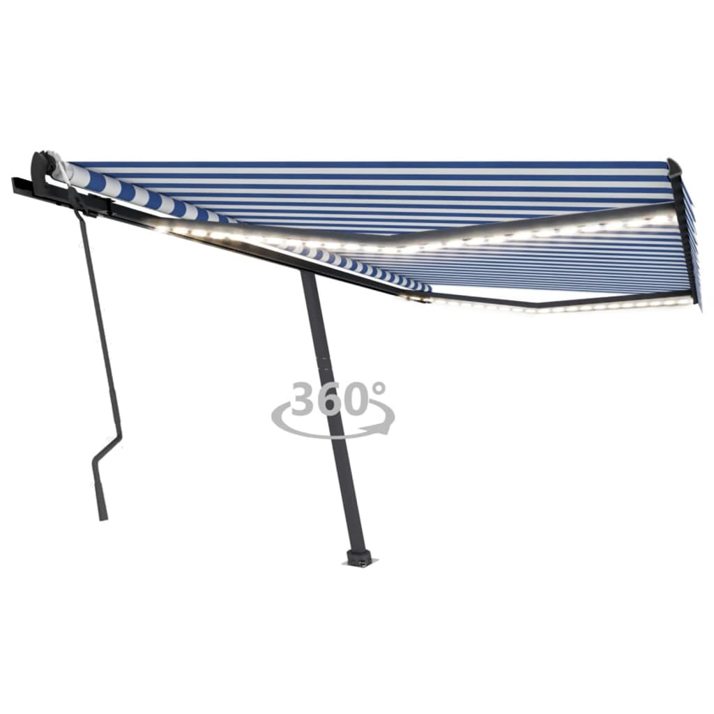 Tenda da Sole Retrattile Manuale con LED 450x300cm Blu e Bianca