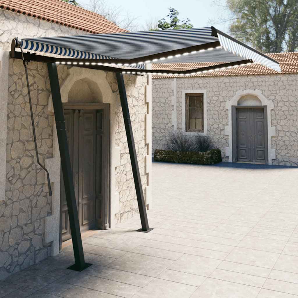 Tenda da Sole Retrattile Manuale con LED 3,5x2,5m Blu e Bianca - homemem39