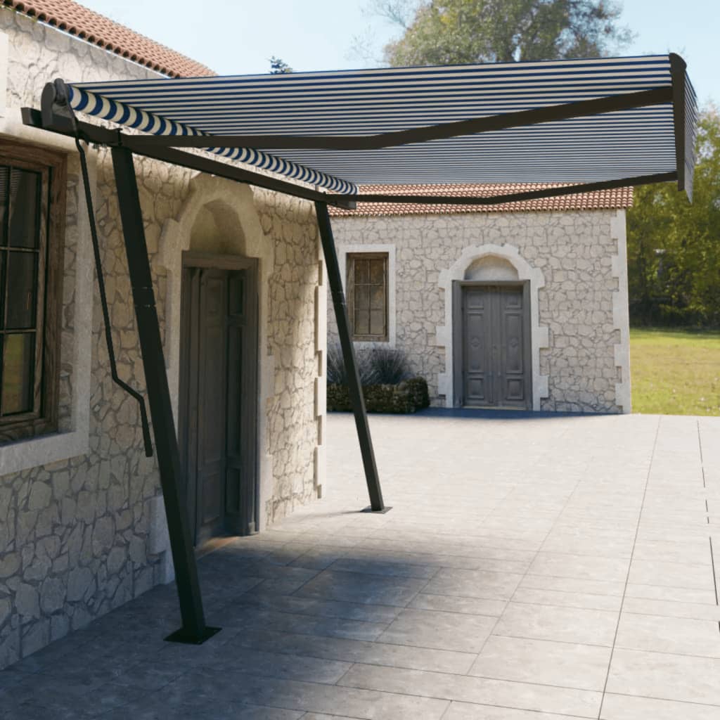 Tenda da Sole Retrattile Manuale con Pali 4,5x3 m Blu e Bianca