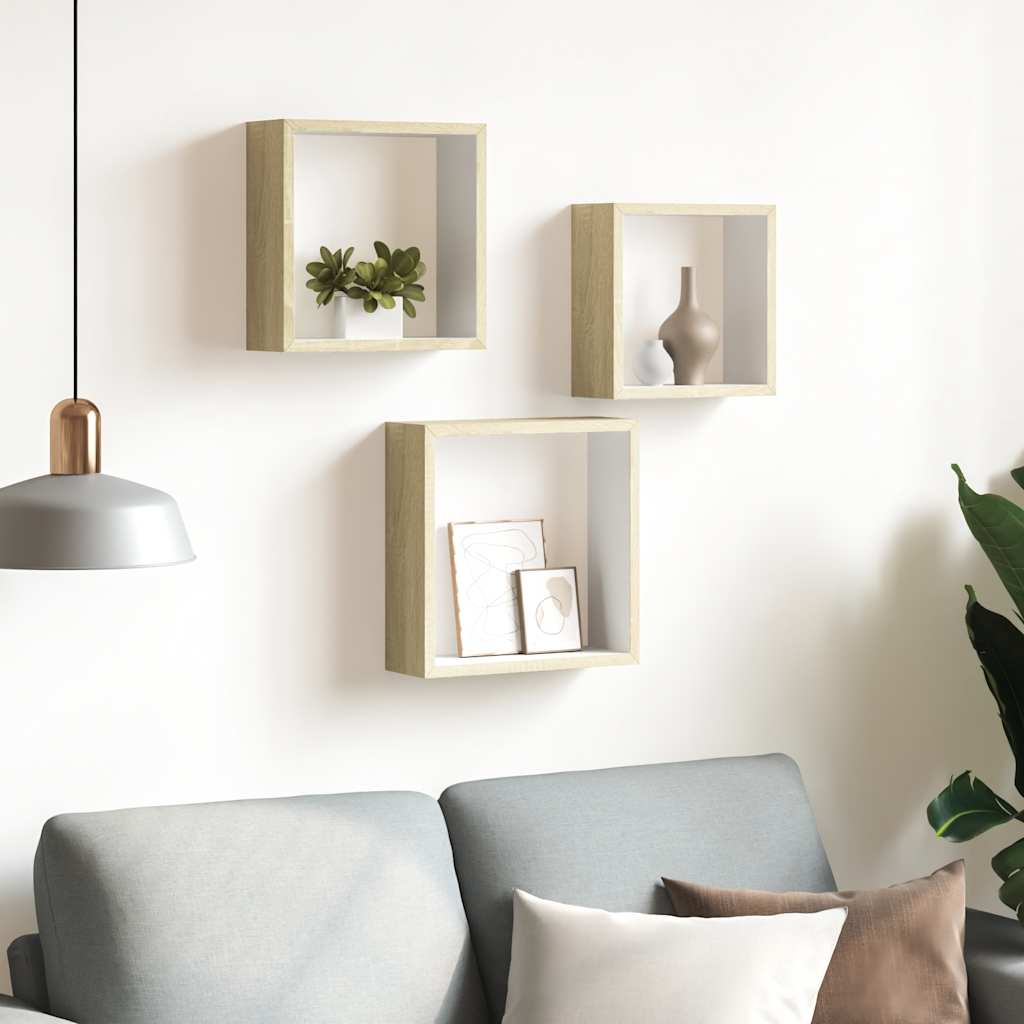 Mensole a Cubo da Parete 3 pz Bianco Rovere Sonoma | homemem39