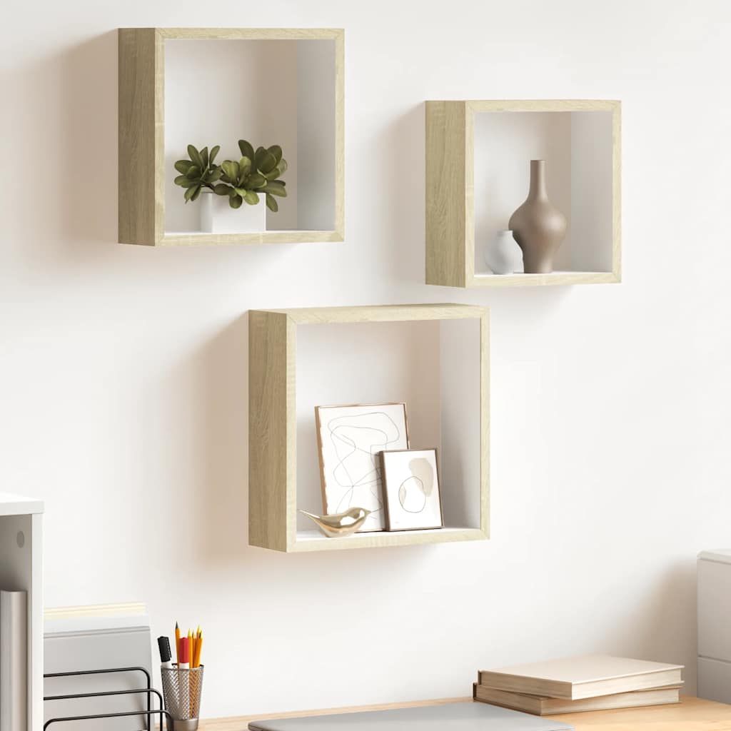 Mensole a Cubo da Parete 3 pz Bianco Rovere Sonoma | homemem39