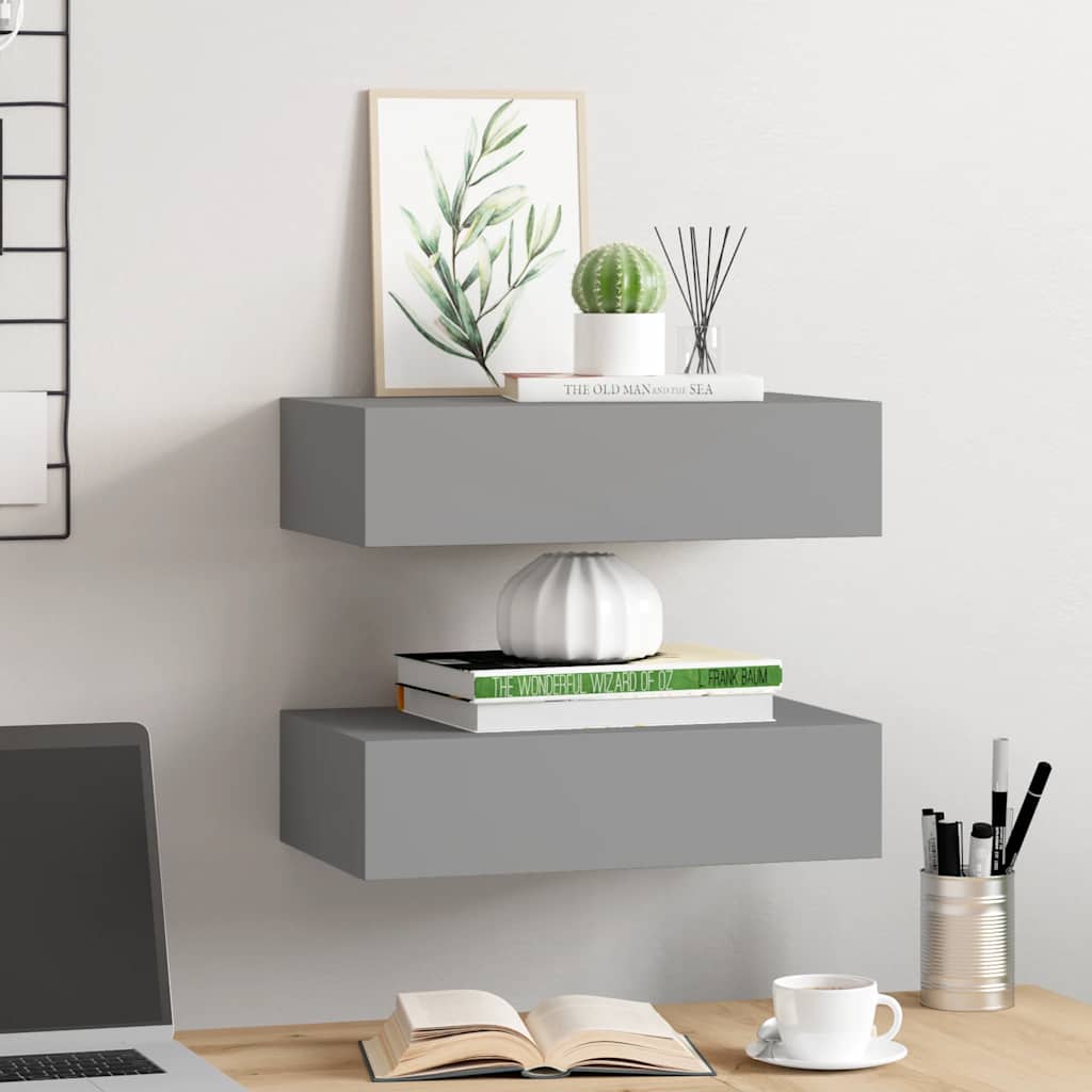 Scaffali con Cassetti da Parete 2 pz Grigi 40x23,5x10 cm MDF | homemem39