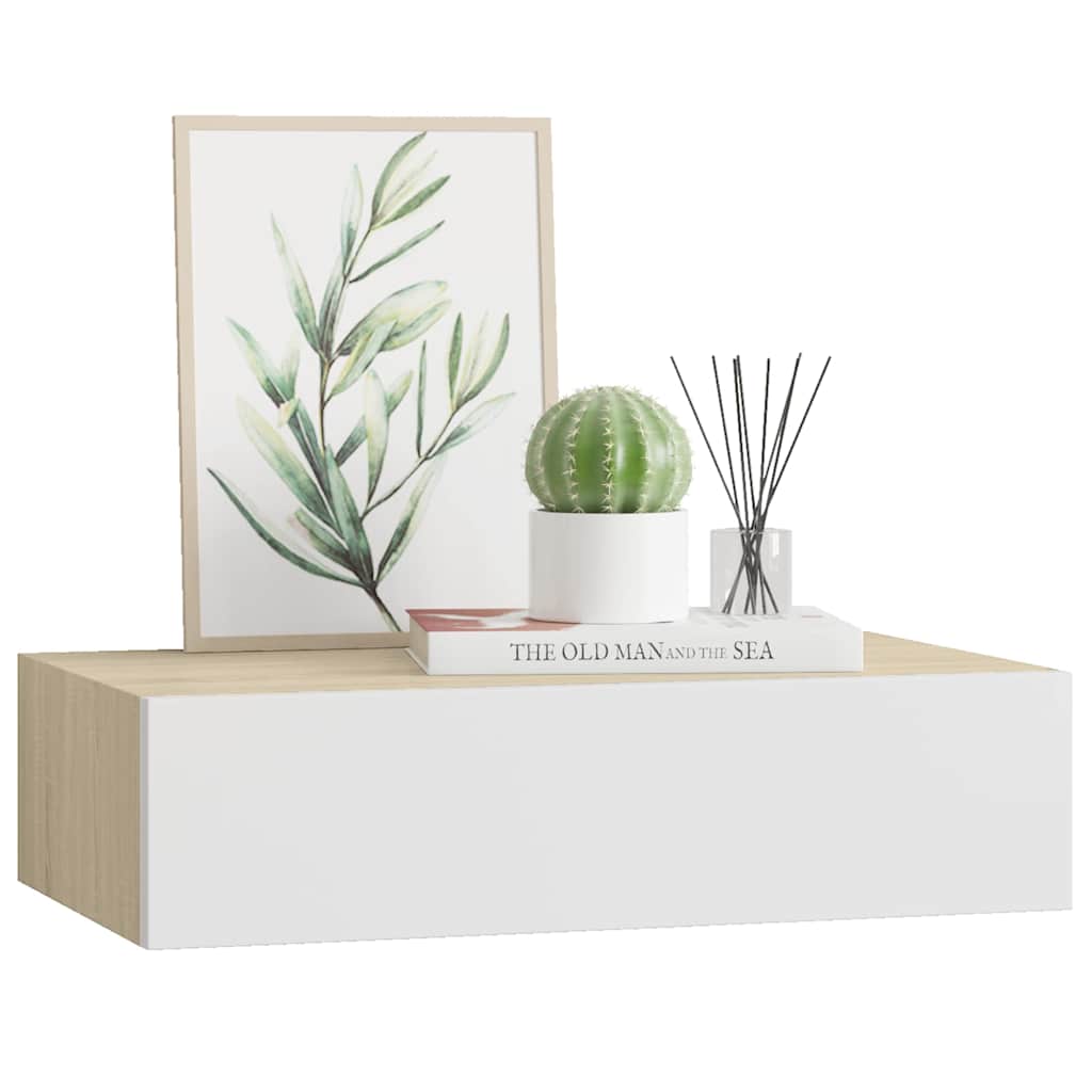 Mensola a muro con cassetti in rovere e bianco 40x23,5x10cm MDF