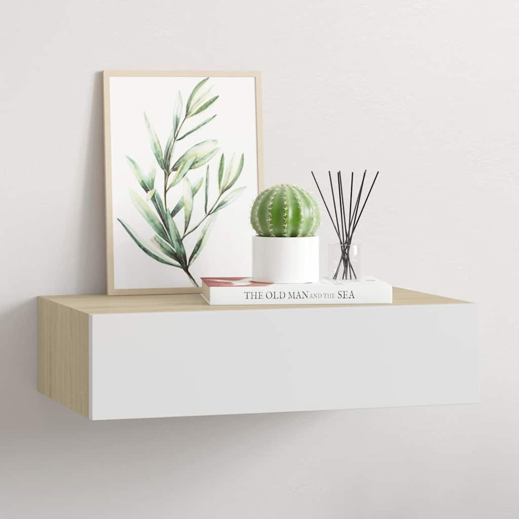 Mensola a muro con cassetti in rovere e bianco 40x23,5x10cm MDF