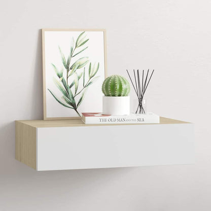 Mensola a muro con cassetti in rovere e bianco 40x23,5x10cm MDF