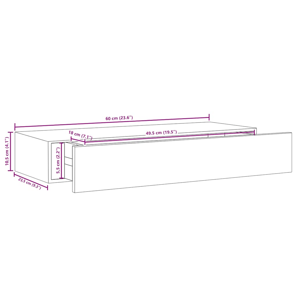 Mensola a muro con cassetti in rovere e bianco 60x23,5x10 cm MDF