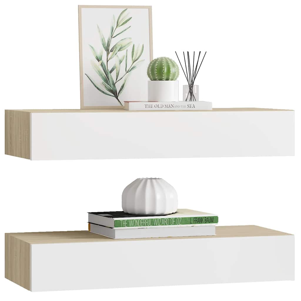 Scaffali a muro con cassetti 2 pz rovere e bianco 60x23,5x10 cm MDF