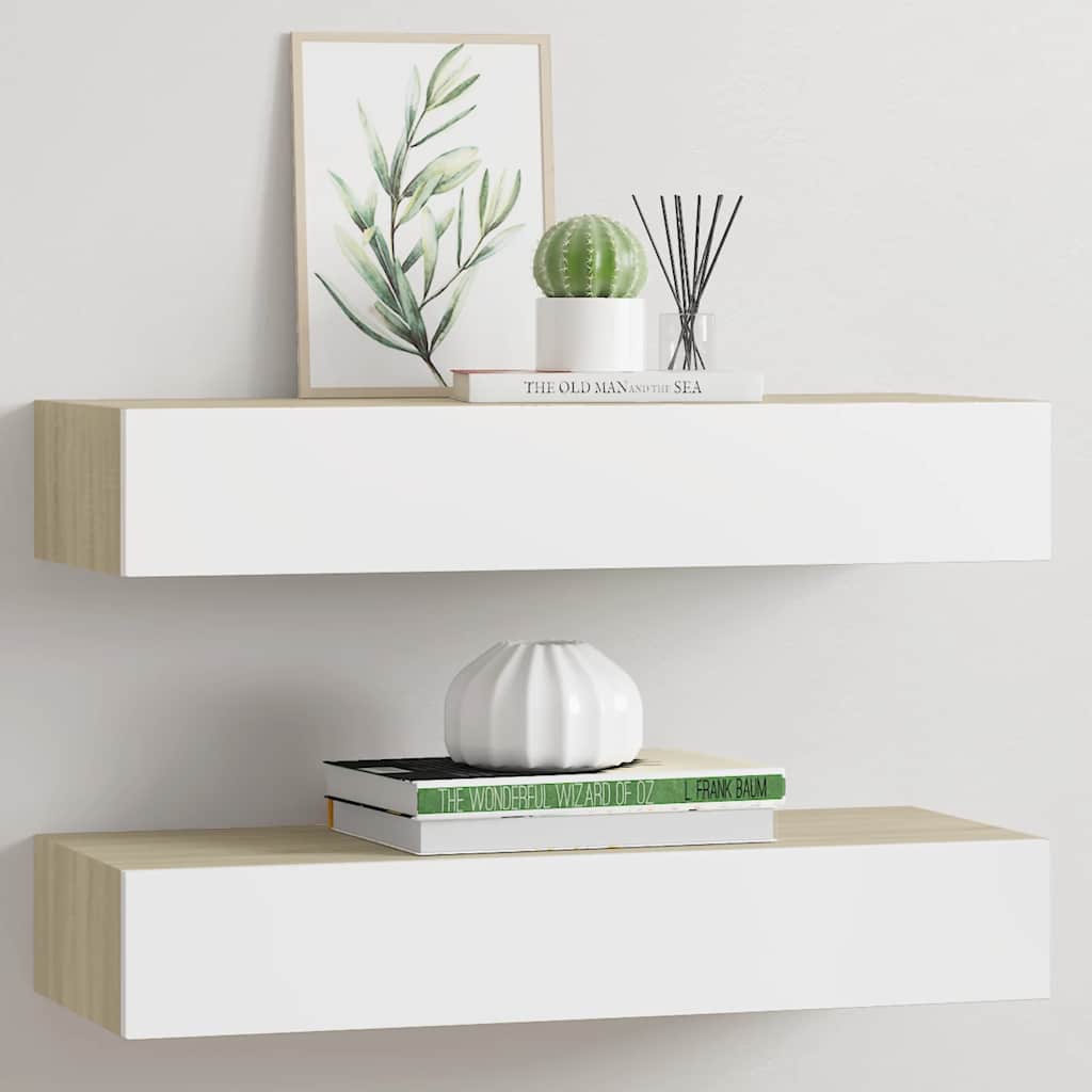 Scaffali a muro con cassetti 2 pz rovere e bianco 60x23,5x10 cm MDF | homemem39