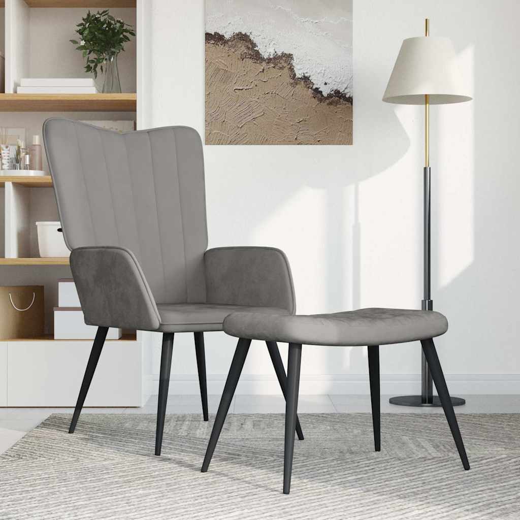 Poltrona Relax con Sgabello Grigio Chiaro in Velluto
