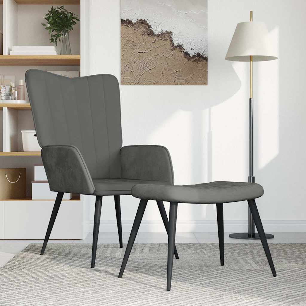 Poltrona Relax con Sgabello Grigio Scuro in Velluto