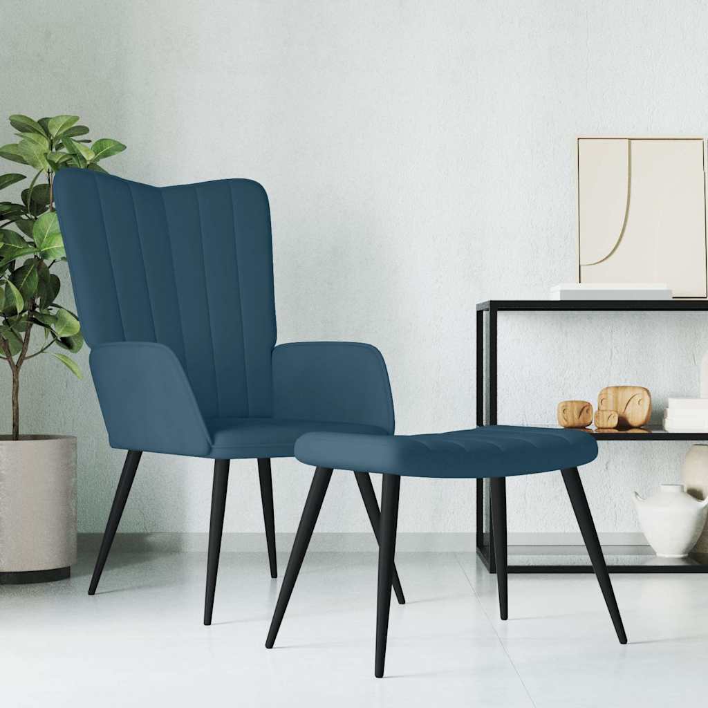Poltrona Relax con Sgabello Blu in Velluto