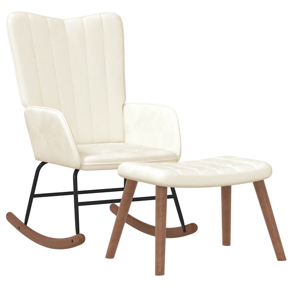 Poltrona a Dondolo con Poggiapiedi Bianco Crema in Velluto - homemem39