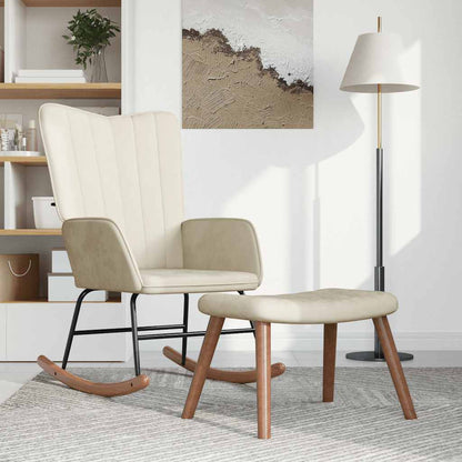 Poltrona a Dondolo con Poggiapiedi Bianco Crema in Velluto - homemem39