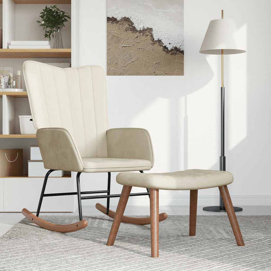 Poltrona a Dondolo con Poggiapiedi Bianco Crema in Velluto - homemem39