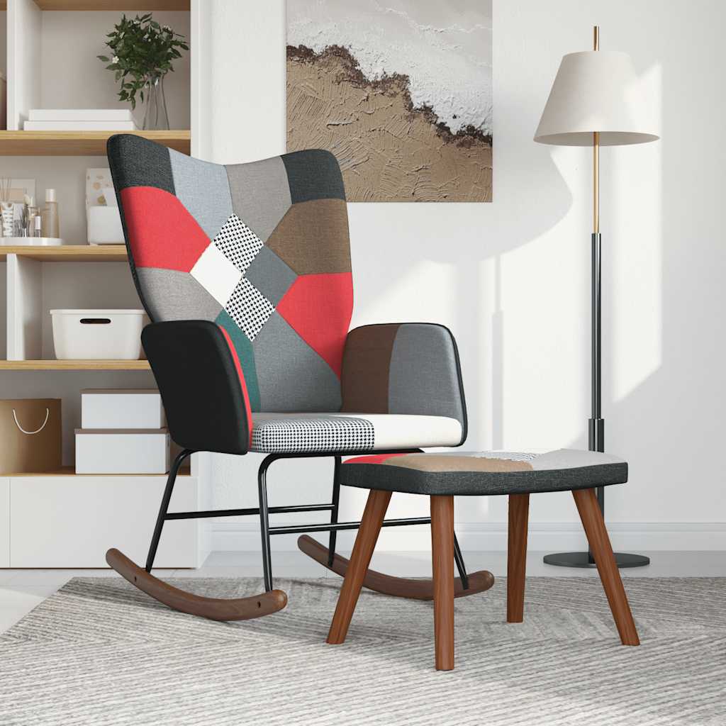 Sedia a Dondolo con Poggiapiedi in Tessuto Patchwork