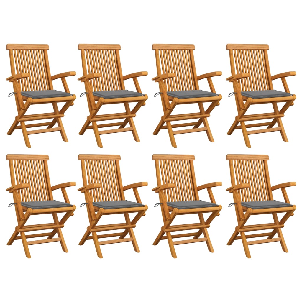 Sedie da Giardino con Cuscini Grigi 8 pz Legno Massello di Teak