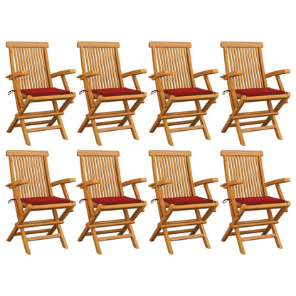 Garden Chairs with Red Cushions 8pcs Solid Teak Wood