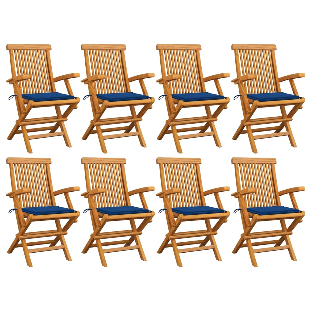 Sedie da Giardino con Cuscini Blu Reale 8pz Legno Massello Teak