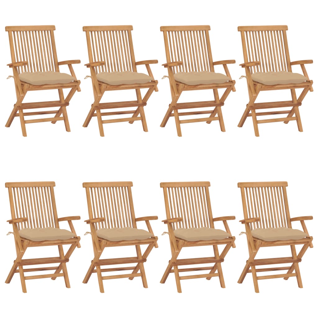 Garden Chairs with Beige Cushions 8pcs Solid Teak Wood