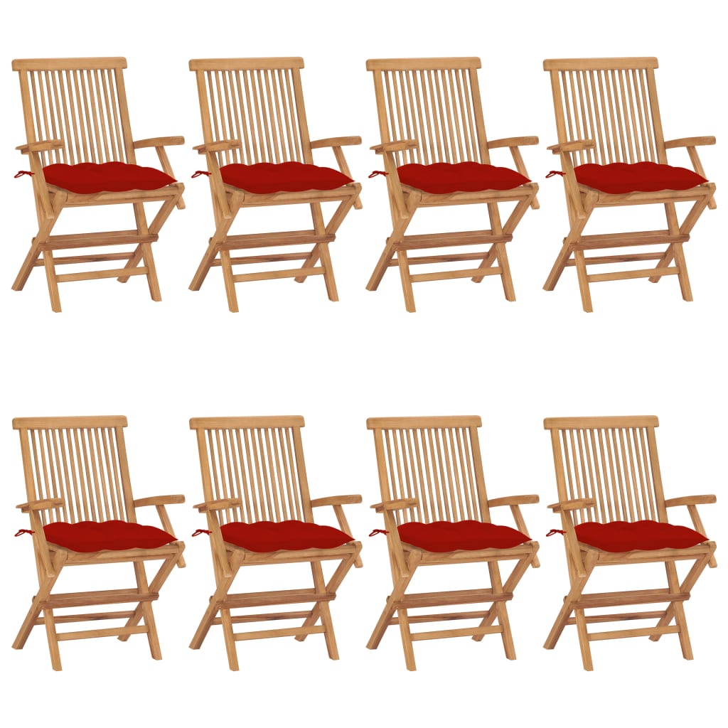 Garden Chairs with Red Cushions 8pcs Solid Teak Wood