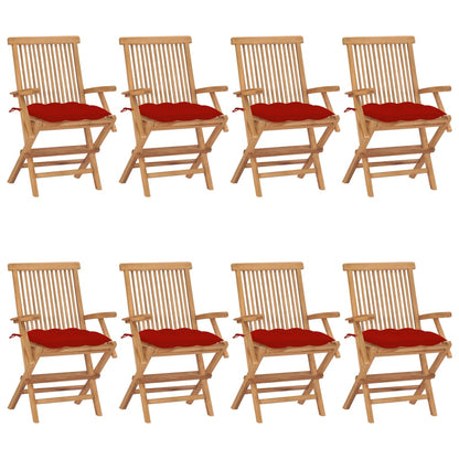 Garden Chairs with Red Cushions 8pcs Solid Teak Wood