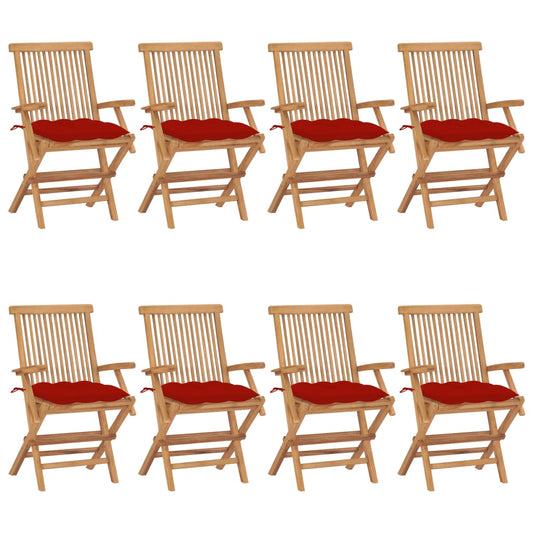 Garden Chairs with Red Cushions 8pcs Solid Teak Wood