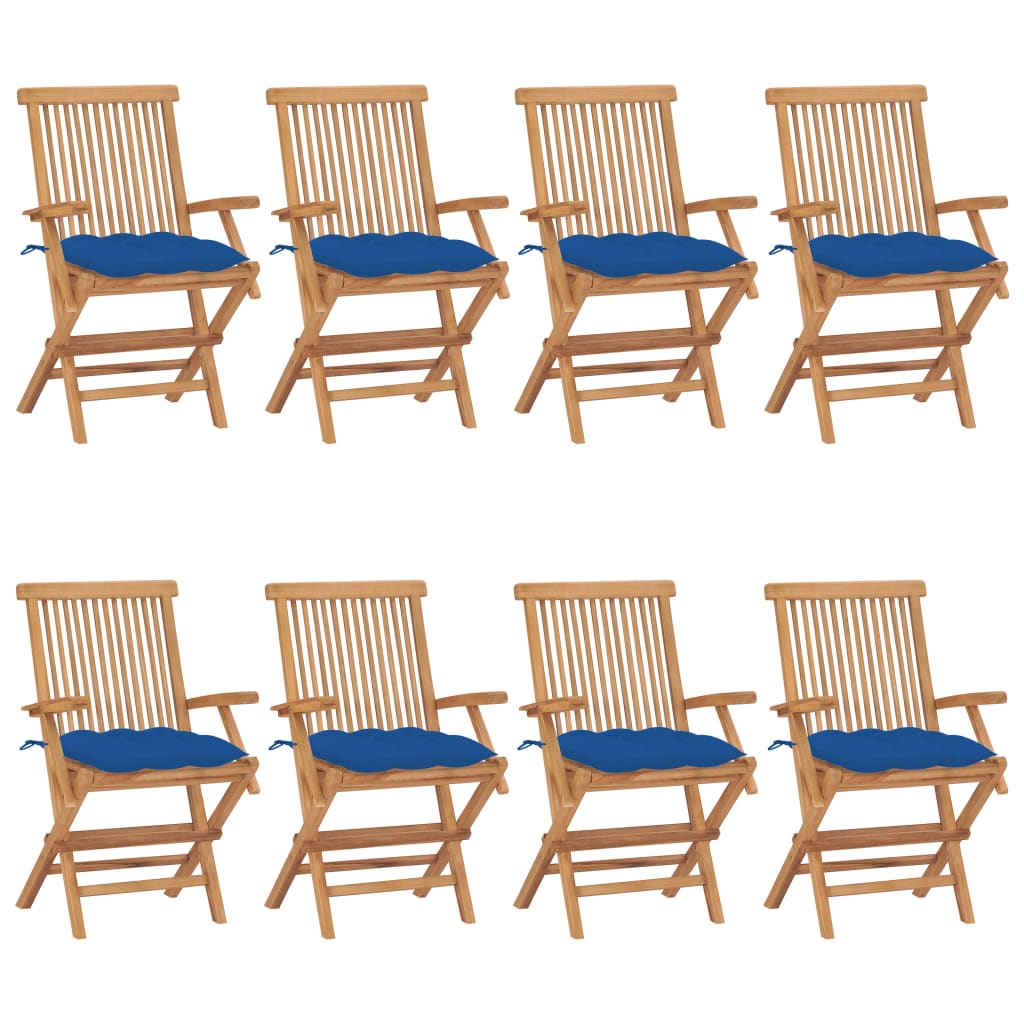 Garden Chairs with Blue Cushions 8 pcs Solid Teak Wood