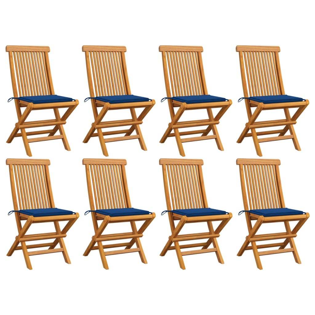 Sedie da Giardino con Cuscini Blu Reale 8 pz Massello di Teak