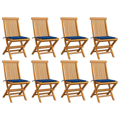 Sedie da Giardino con Cuscini Blu Reale 8 pz Massello di Teak