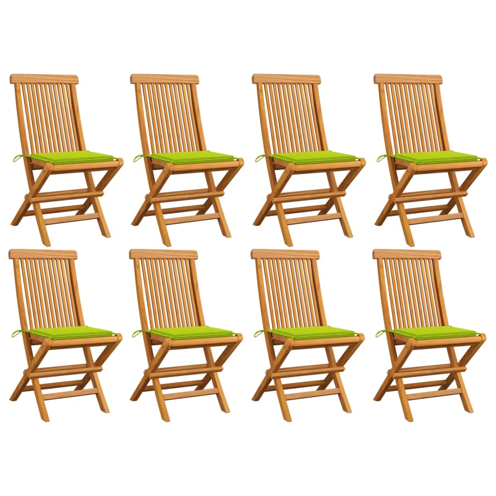 Sedie da Giardino e Cuscini Verde Brillante 8 pz Massello Teak