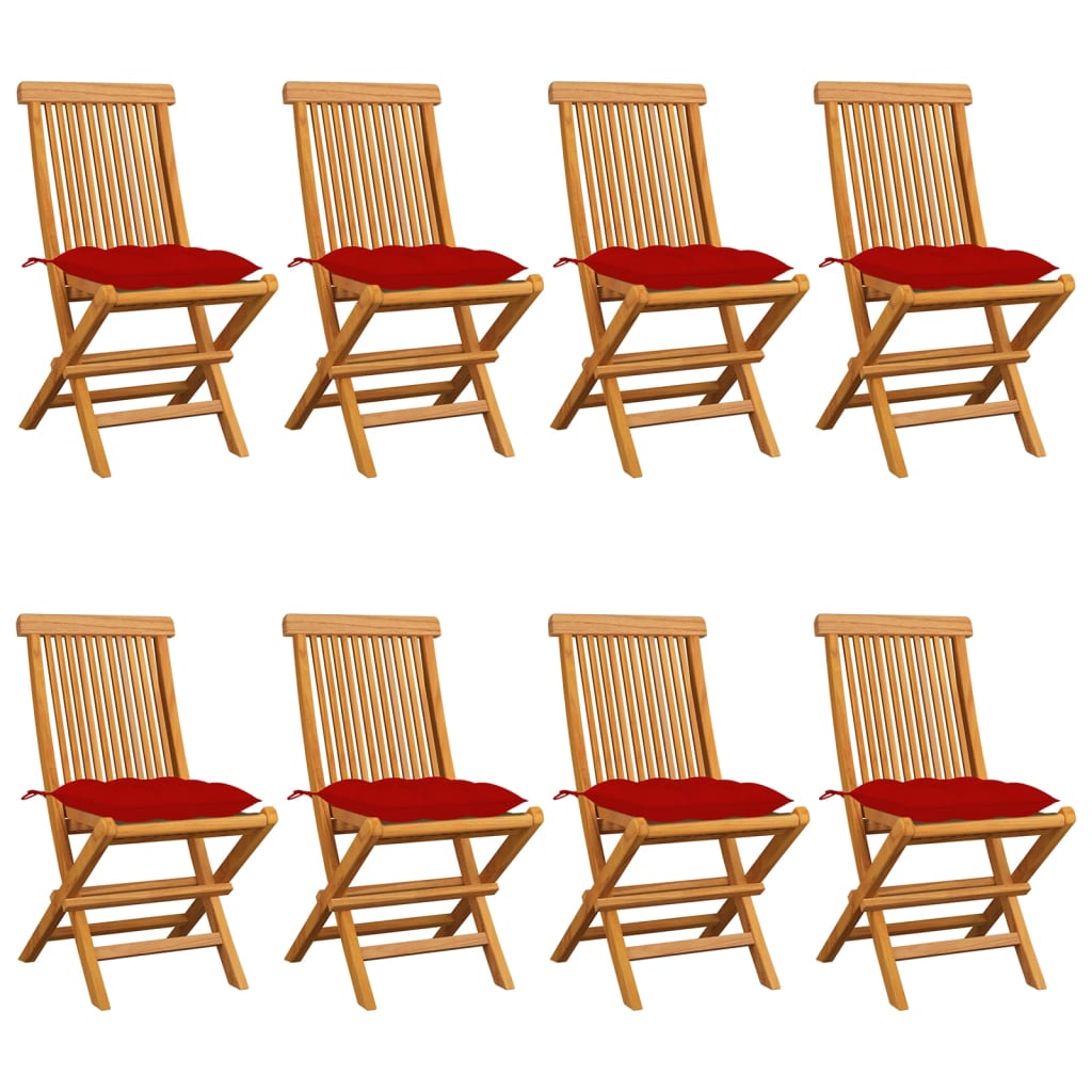 Garden Chairs with Red Cushions 8 pcs in Solid Teak