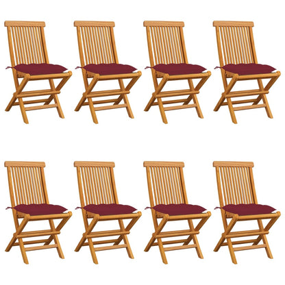 Garden Chairs with Wine Red Cushions 8 pcs Solid Teak