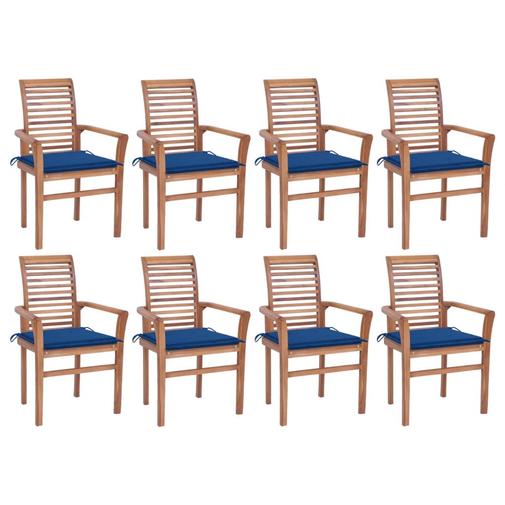 8 Piece Dining Chairs with Royal Blue Cushions in Solid Teak